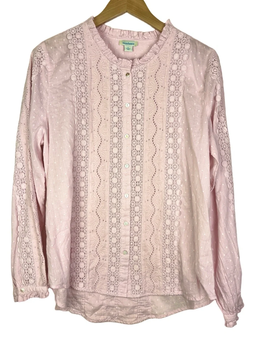 New Sundance Mirabelle Pale Pink Swiss Dot Crochet Eyelet Ruffle Blouse large - Picture 2 of 5